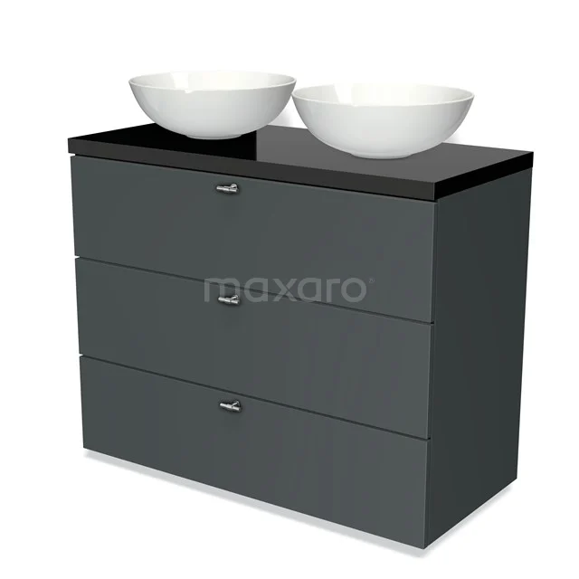 Badmöbel für Waschtischunterschrank mit Konsole 100cm Modulo Plato Dunkelgrau 3 Schubladen Lamellen Hochglanz Schwarz Platte BMK19-00636 Antrazitgraues Badezimmermöbel mit schwarzer Platte und doppelten weißen Aufsatzwaschbecken, modernes Design mit drei geräumigen Schubladen.
