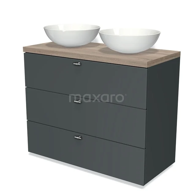 Modulo Plato Vanity units for countertop basin | 100 cm Dark grey Slat front Oak worktop 3 drawers BMK19-00637
