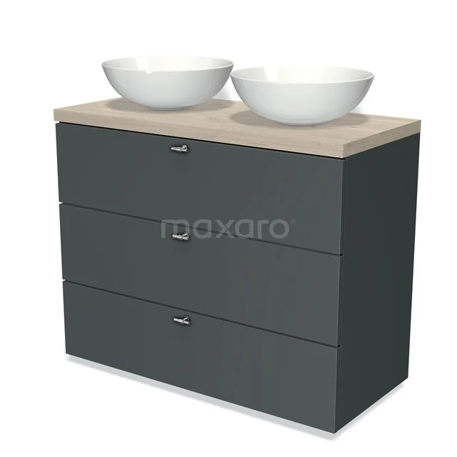 Modulo Plato Vanity units for countertop basin | 100 cm Dark grey Slat front Light grey oak worktop 3 drawers BMK19-00638