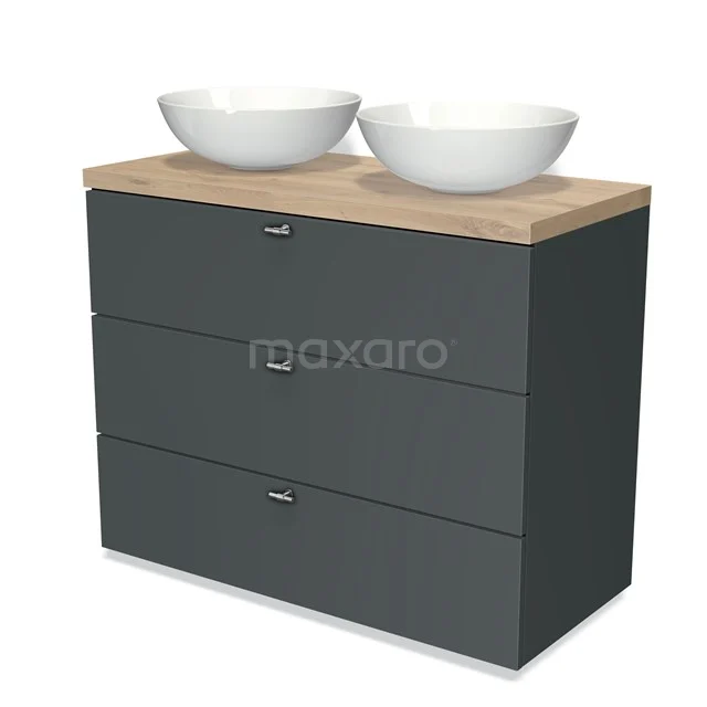Grauer Badschrank mit Holzlook Platte und zwei weißen keramischen Aufsatzwaschbecken, modernes Design mit drei Schubladen.