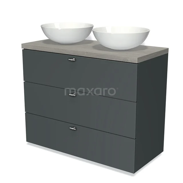 Grauer Badschrank mit Betonplatte und zwei weißen Aufsatzwaschbecken, modernes Design mit drei Schubladen für Stauraum.