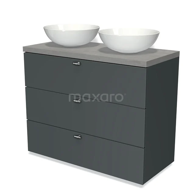 Modulo Plato Vanity units for countertop basin | 100 cm Dark grey Slat front Light grey concrete worktop 3 drawers BMK19-00643