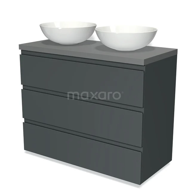 Badmöbel für Aufsatzwaschbecken 100cm Modulo Plato Dunkelgrau 3 Schubladen Grifflos Mittelgrau Platte BMK19-00646 Graue Badmöbelset mit Doppelwaschbecken, modernes Design und glatte Schubladen, ideal für ein stilvolles Badezimmer.