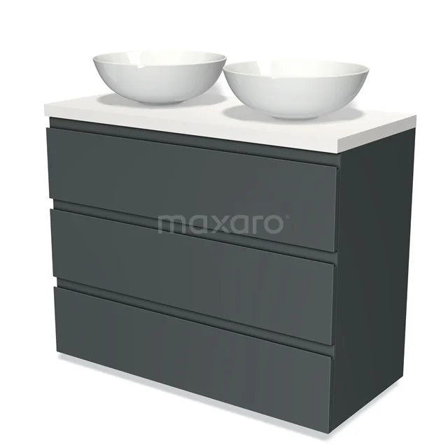 Badmöbel für Waschtischunterschrank mit Konsole 100cm Modulo Plato Dunkelgrau 3 Schubladen Grifflose Dunkelgraue Platte BMK19-00648 Dunkelgraue Badmöbel mit doppelten weißen Aufsatzwaschbecken, minimalistisches Design und drei Schubladen für zusätzlichen Stauraum.