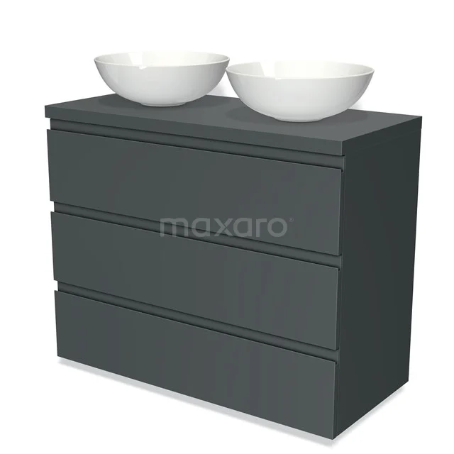 Badmöbel für Waschtischunterschrank mit Konsole 100cm Modulo Plato Dunkelgrau 3 Schubladen Grifflos BMK19-00649 Antrazitgraue Badmöbel mit doppeltem rundem Waschbecken; schlankes Design und praktische Schubladen für moderne Bäder.