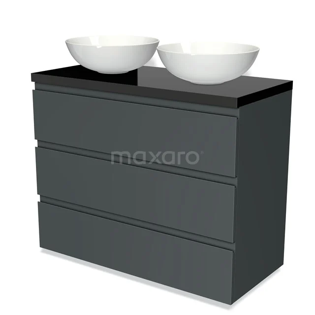 Modulo Plato Vanity units for countertop basin | 100 cm Dark grey Handle-less front High-gloss black worktop 3 drawers BMK19-00650