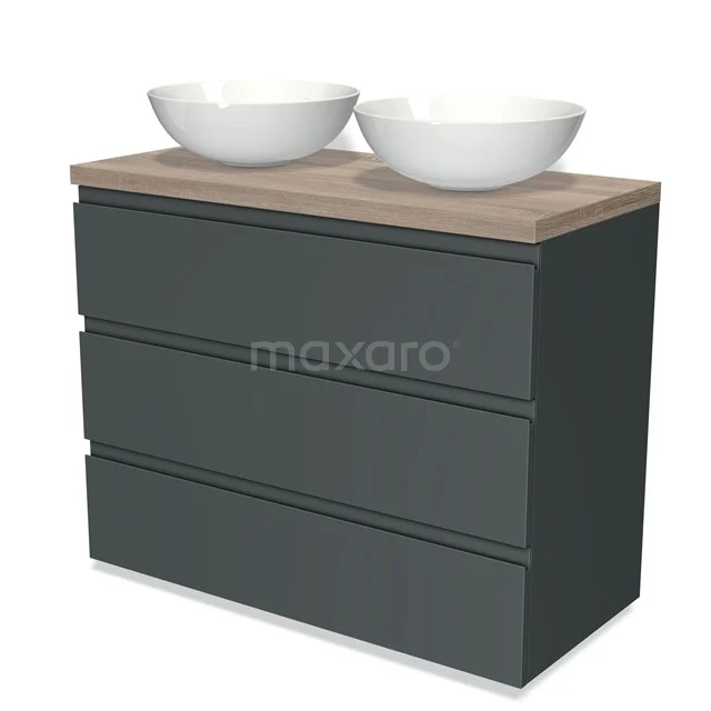 Modulo Plato Vanity units for countertop basin | 100 cm Dark grey Handle-less front Oak worktop 3 drawers BMK19-00651