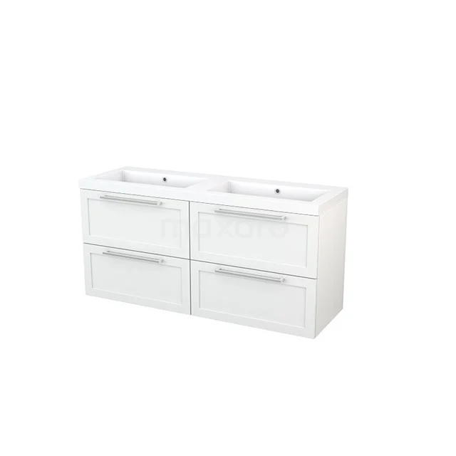 Modulo+ Waschtische | 140 cm Hochglanz Weiß Rahmen front Mineralguss 4 Schubladen BMP004116 Weißes Doppel-Badmöbel mit vier Schubladen, modernes Design, glänzende Oberfläche und integriertes Waschbecken.