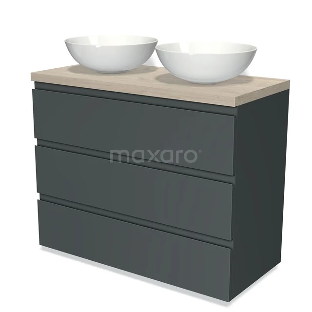 Modulo Plato Vanity units for countertop basin | 100 cm Dark grey Handle-less front Light grey oak worktop 3 drawers BMK19-00652