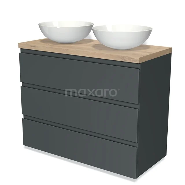 Modulo Plato Vanity units for countertop basin | 100 cm Dark grey Handle-less front Light brown oak worktop 3 drawers BMK19-00653