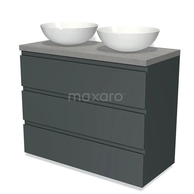 Modulo Plato Vanity units for countertop basin | 100 cm Dark grey Handle-less front Light grey concrete worktop 3 drawers BMK19-00657