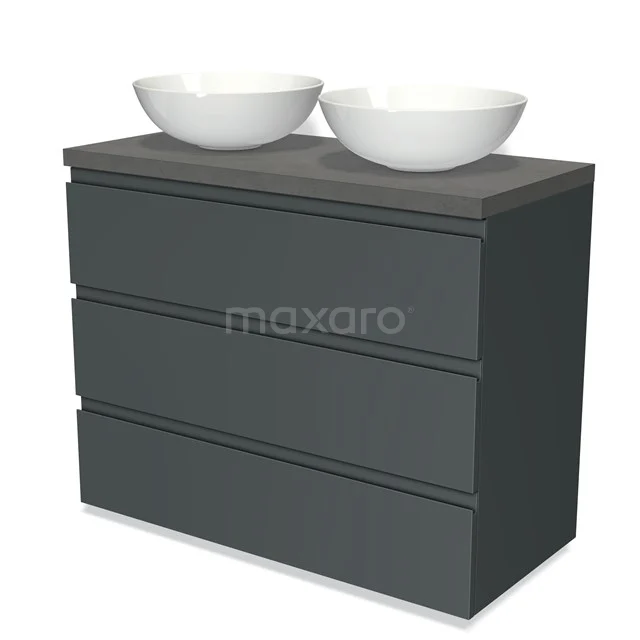 Antrazitgrauer Badschrank mit drei Schubladen und doppelten weißen Aufsatzwaschbecken, modernes Design und geräumigem Stauraum.