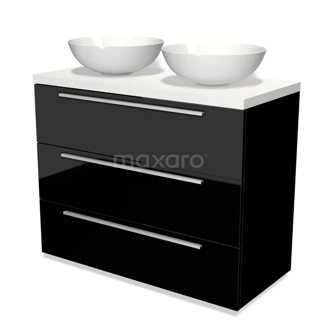 Modulo Plato Badmöbel mit Aufsatzwaschbecken | 100 cm Hochglanz Schwarz Flach front Matt Weiß blatt 3 Schubladen BMK19-00662 Schwarz Badmöbel mit Hochglanzoberfläche, zwei weiße Aufsatzwaschbecken und schlichte metallische Griffe, modernes Design.