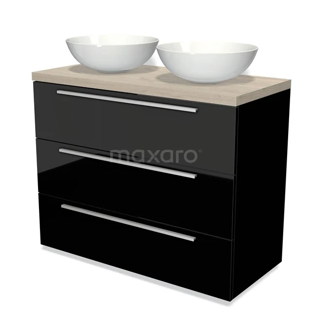 Modulo Plato Badmöbel mit Aufsatzwaschbecken | 100 cm Hochglanz Schwarz Flach front Hellgraue Eiche blatt 3 Schubladen BMK19-00666 Schwarz Badmöbel mit Hochglanzoberfläche, Holz Platte und zwei weißen Aufsatzwaschbecken, modernes Design mit drei Softclose Schubladen.