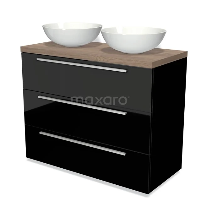 Schwarzer Badschrank mit Holzlook Platte und doppelten weißen Aufsatzwaschbecken, modernes Design mit nachhaltiger Verarbeitung.