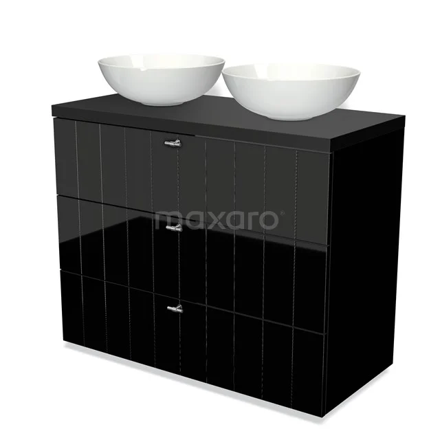 Modulo Plato Badkamermeubel voor waskom | 100 cm Hoogglans zwart Lamel front Mat zwart blad 3 lades BMK19-00673