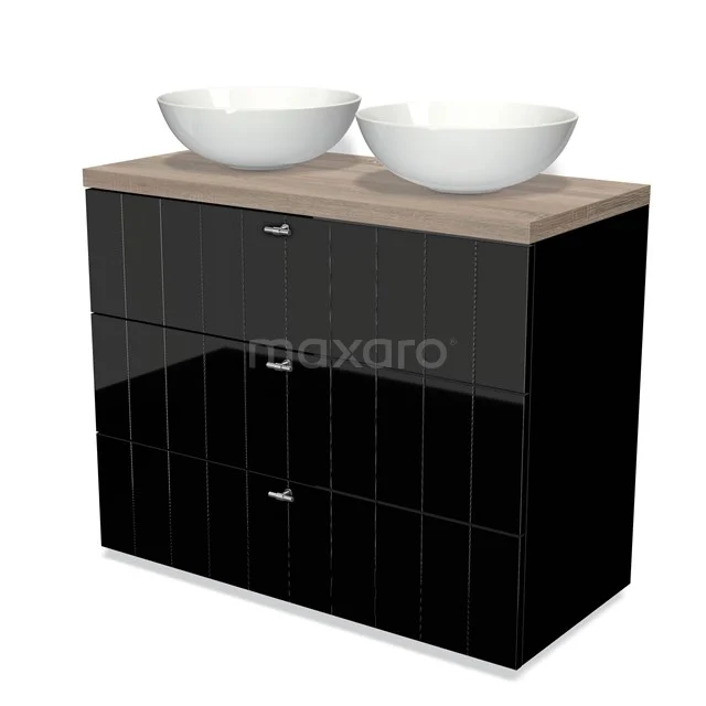 Modulo Plato Badkamermeubel voor waskom | 100 cm Hoogglans zwart Lamel front Eiken blad 3 lades BMK19-00679