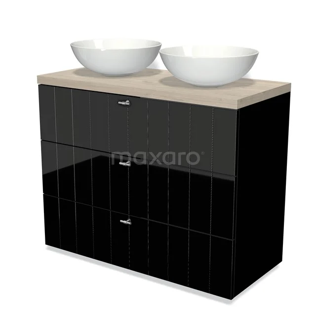 Black glossy bathroom unit with 2 white ceramic countertop wash basins, wooden top and soft-close drawers, modern design.
