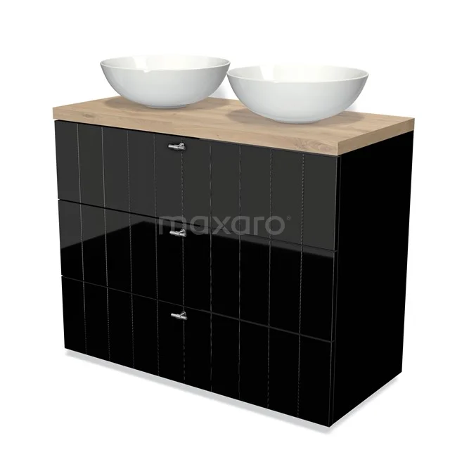 Schwarzer Badschrank mit Hochglanzoberfläche, Holzplatte und zwei weißen Aufsatzwaschbecken; stilvolles und modernes Design.