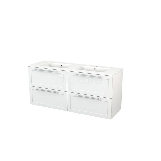 Weiße Badmöbelset mit Doppelwaschbecken, vier Schubladen und modernem Design, ideal für moderne Bäder.