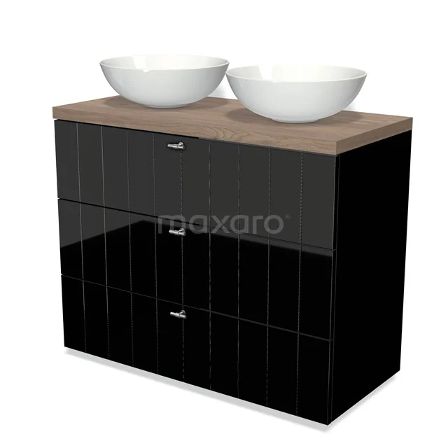 Black designer bathroom unit with wood-look worktop and two white countertop wash basins, modern look and glossy finish.