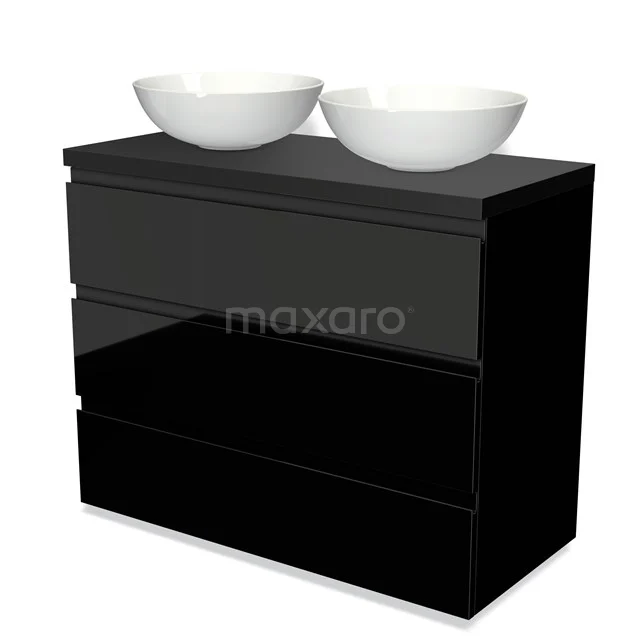 Modulo Plato Vanity units for countertop basin | 100 cm High-gloss black Handle-less front Matte black worktop 3 drawers BMK19-00687 Black bathroom furniture set with high-gloss finish and two white ceramic countertop wash basins, modern and sleek look.