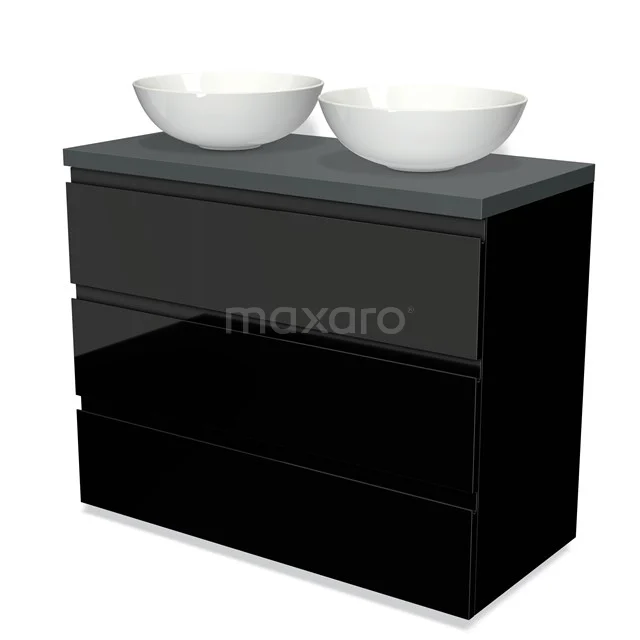 Modulo Plato Badkamermeubel voor waskom | 100 cm Hoogglans zwart Greeploos front Donkergrijs blad 3 lades BMK19-00691