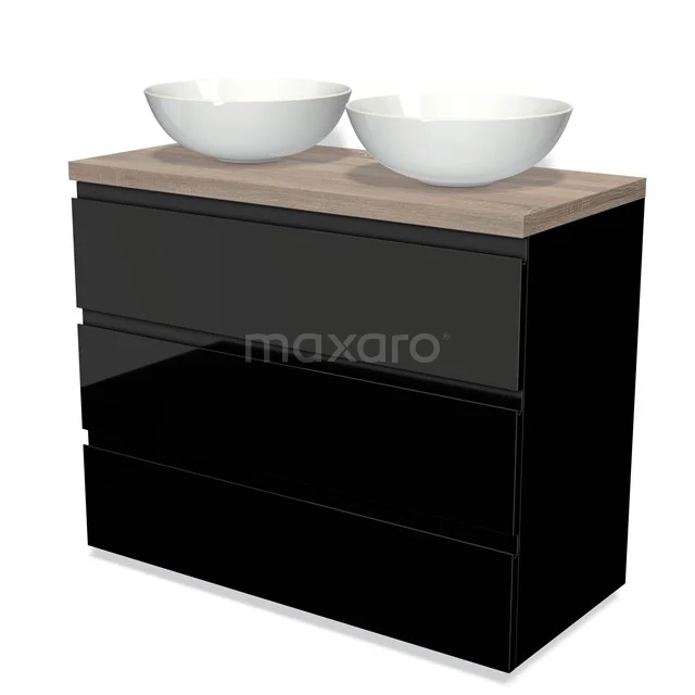 Schwarze Badmöbelset mit Holzlook Platte, doppelten weißen Waschbecken und schlichten Schubladen, modernes Design.