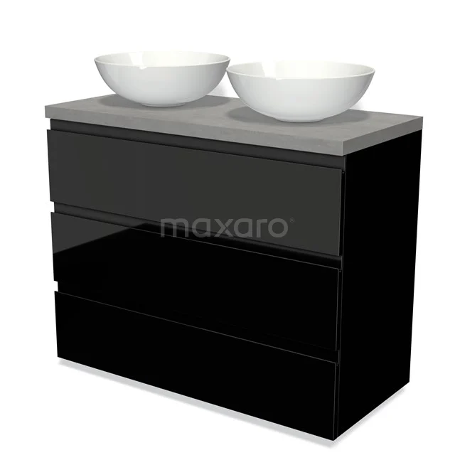 Modulo Plato Badkamermeubel voor waskom | 100 cm Hoogglans zwart Greeploos front Lichtgrijs beton blad 3 lades BMK19-00699