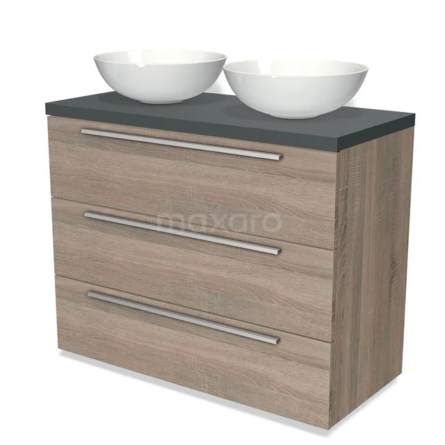 Holz Badezimmermöbel mit 3 Schubladen, anthrazit Platte und doppelten weißen Aufsatzwaschbecken; modernes Design, perfekt für ein luxuriöses Badezimmer.