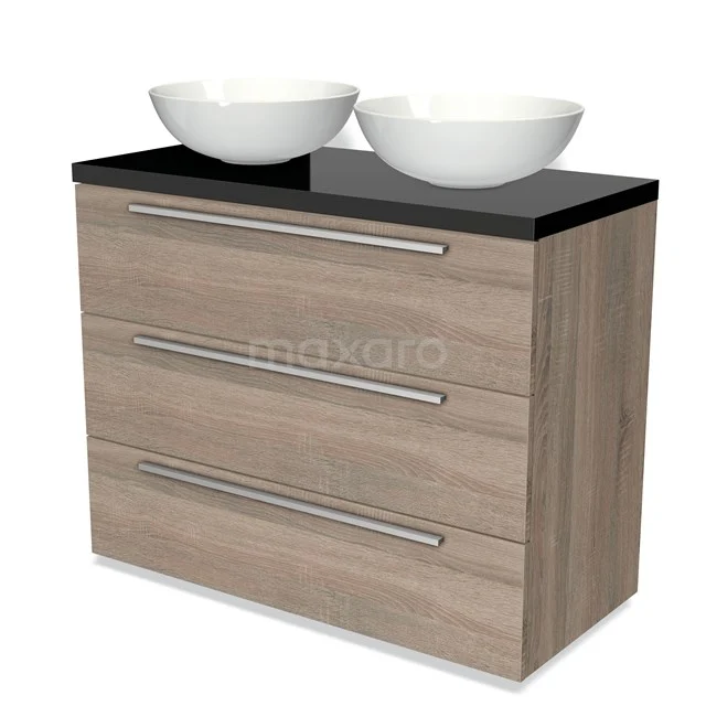 Modulo Plato Vanity units for countertop basin | 100 cm Oak Flat front High-gloss black worktop 3 drawers BMK19-00706