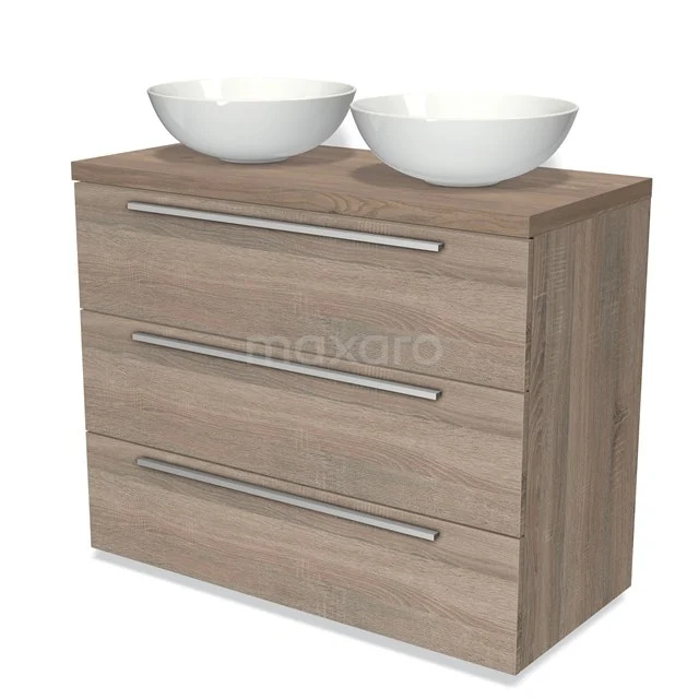 Holz Badezimmermöbel mit heller Eiche Oberflächenbehandlung, drei Schubladen und zwei weißen keramischen Aufsatzwaschbecken.