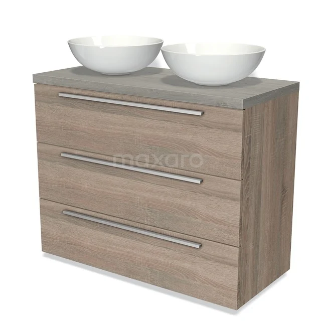 Modulo Plato Vanity units for countertop basin | 100 cm Oak Flat front Grey oak worktop 3 drawers BMK19-00712