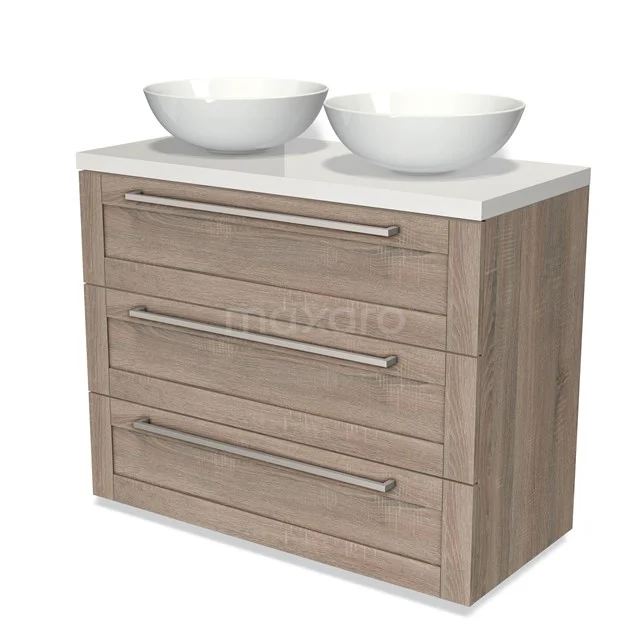 Wooden bathroom unit with light Oak finish, three drawers and two white countertop basins.