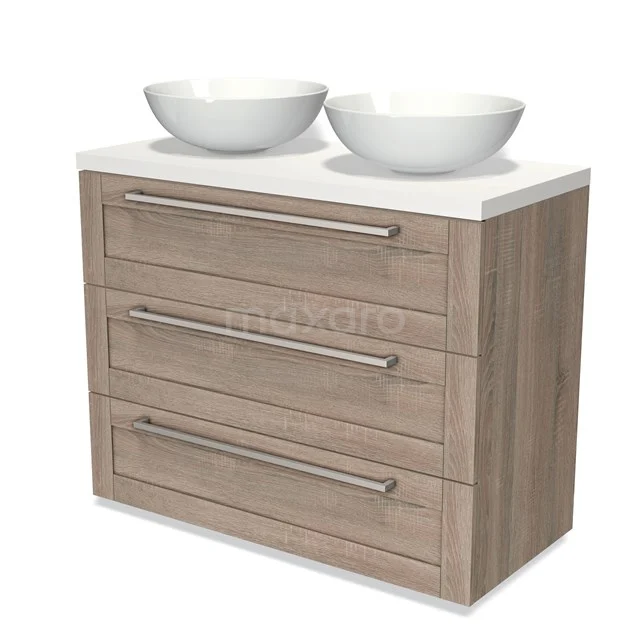 Wooden vanity units with double basin, three drawers and a modern natural look. Ideal for any bathroom.