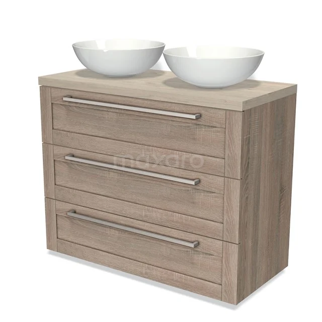 Wooden bathroom unit with two white vanity units for countertop wash basins, three drawers and Stainless steel handles, ideal for modern bathroom storage.