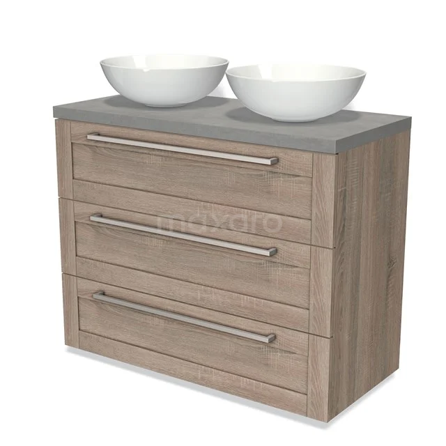 Modulo Plato Vanity units for countertop basin | 100 cm Oak Frame front Light grey concrete worktop 3 drawers BMK19-00727 Wooden Bathroom unit with two white countertop wash basins, wide design and three drawers with metal handles, perfect for modern bathrooms.