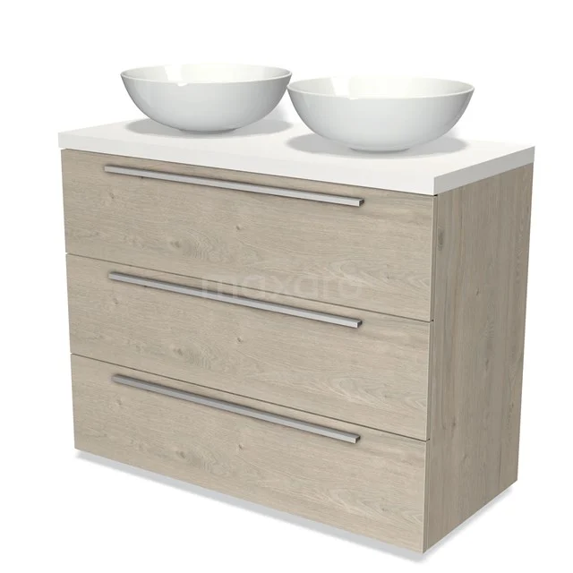 Holz Badezimmermöbel mit drei Schubladen, doppelten weißen Aufsatzwaschbecken und schickem Design, ideal für stilvolle Badezimmerlagerung.