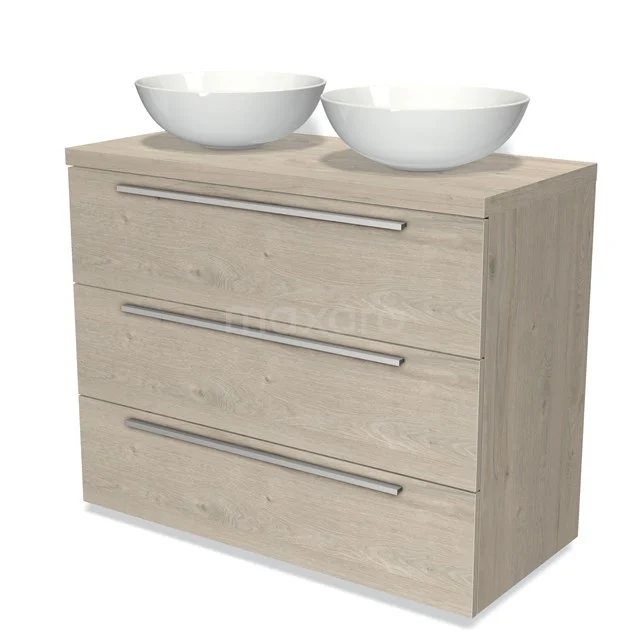 Badmöbel Holzoptik mit Softclose Schubladen und Doppelwaschbecken, modernes Design in heller Eiche.