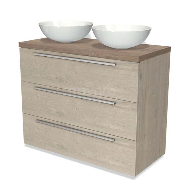 Holz-Badmöbel mit drei Schubladen, zwei weißen Aufsatzwaschbecken und einem modernen Design, ideal für stilvolle Bäder.