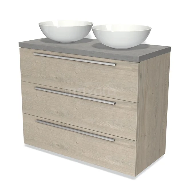 Badmöbel für Aufsatzwaschbecken 100cm Modulo Plato hellgraue Eiche 3 Schubladen Flach hellgrauer Beton Platte BMK19-00741 Holz Badezimmermöbel mit heller Eiche Oberflächenbehandlung, drei Schubladen und einer grauen Platte mit doppelten weißen runden Aufsatzwaschbecken.