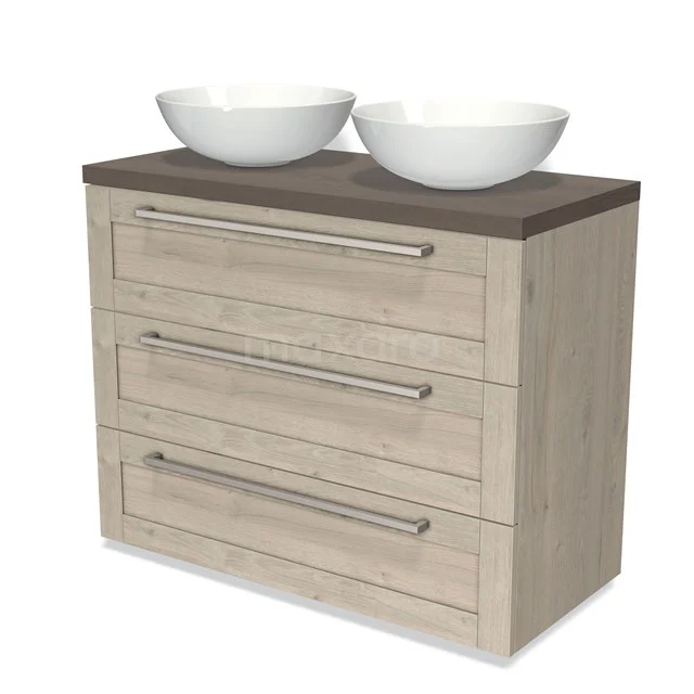 Holz Badezimmermöbel mit drei Schubladen, dunkler Platte und zwei weißen Aufsatzwaschbecken; stilvolles und funktionales Design.