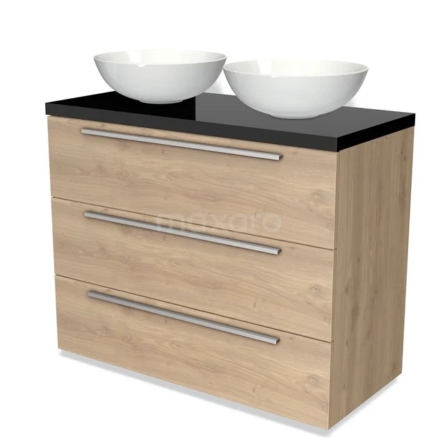 Badmöbel für Aufsatzwaschbecken 100cm Modulo Plato Hellbraune Eiche 3 Schubladen Flach Hochglanz Schwarz Platte BMK19-00762 Hölzernes Badezimmermöbel mit schwarzer Platte, zwei weißen Aufsatzwaschbecken und drei Schubladen, ideal für stilvolle Badezimmerlagerung.