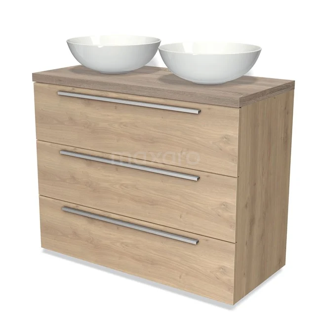 Eichen Badezimmermöbel mit doppelten weißen Aufsatzwaschbecken, drei Schubladen mit Chromgriffen, schlichtem und modernem Design.