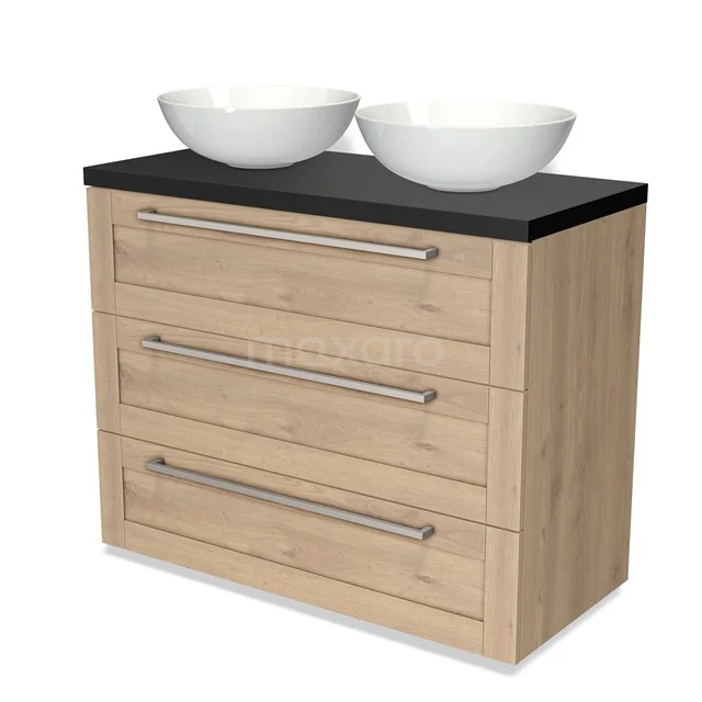 Modulo Plato Badmöbel mit Aufsatzwaschbecken | 100 cm Hellbraune Eiche Rahmen front Matt Schwarz blatt 3 Schubladen BMK19-00771 Holz-Badezimmermöbel mit schwarzer Platte und doppelten weißen Aufsatzwaschbecken, drei breite Schubladen mit Metallgriffen.