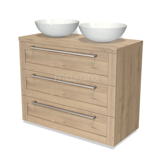 Bathroom unit wood-look with three wide drawers and two white ceramic basins, modern design for a stylish bathroom.