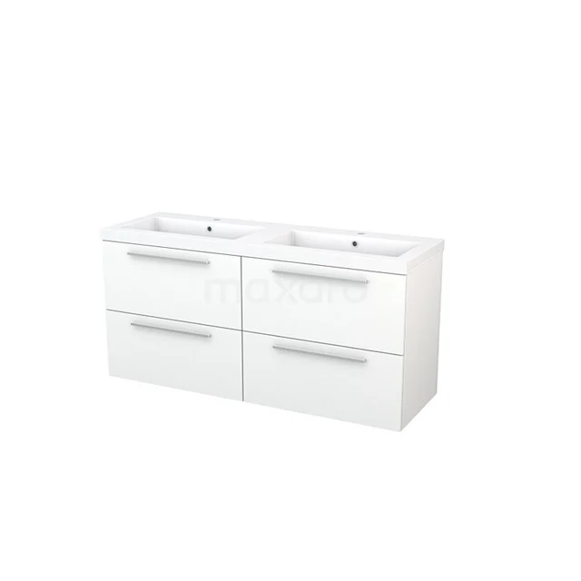White bathroom unit with double basin, sleek design and four drawers, ideal for stylish and functional bathroom storage.