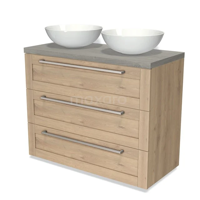 Modulo Plato Vanity units for countertop basin | 100 cm Light brown oak Frame front Grey oak worktop 3 drawers BMK19-00782 Wooden bathroom unit with two white basins, grey stone worktop and three drawers with metal handles.