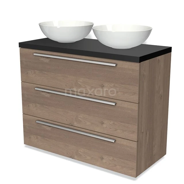Holz-Badmöbel mit schwarzer Platte, drei Schubladen und doppelten weißen Aufsatzwaschbecken; modernes Design für stilvolle Bäder.
