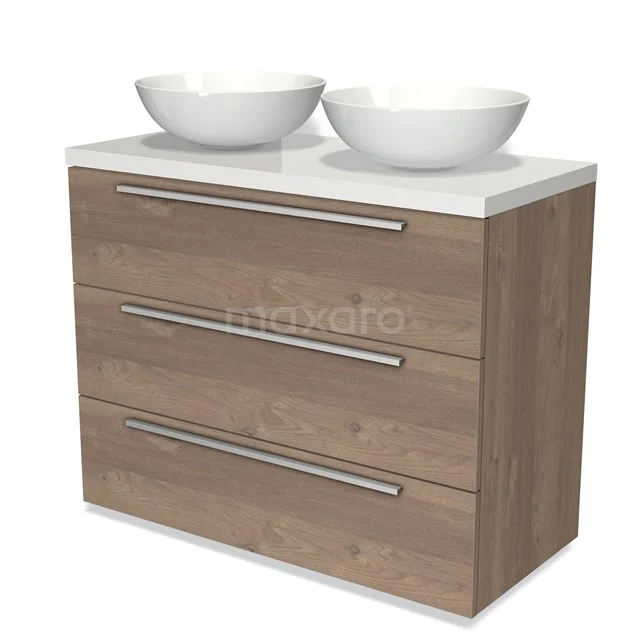 Holz-Badmöbel mit drei Schubladen, weißen Waschtischplatten und zwei runden Aufsatzwaschbecken, modernes und elegantes Design.